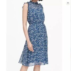 NWT Banana Republic Blue White Floral sheer sleeveless tie waist dress Sz4